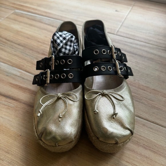 Miu Miu Gold ballet Platform Espadrille Shoes - Picture 2 of 7